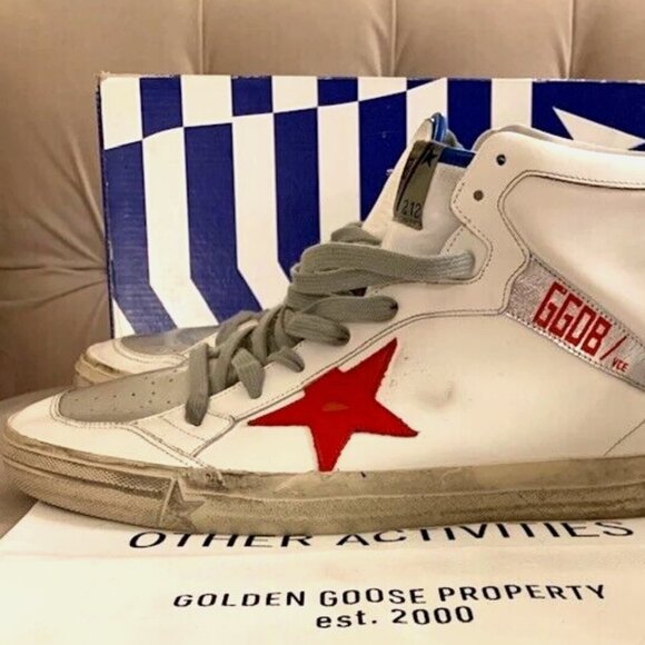 GOLDEN GOOSE MEN 2.12 RED STAR HIGH TOP SNEAKERS SHOES, WHITE SILVER, SZ 46 NIB! - Picture 2 of 13